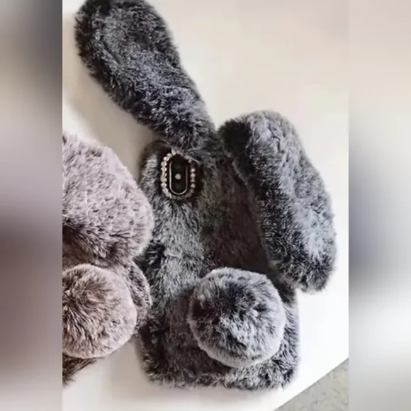 iPhone 14 Gray Fuzzy Bunny Phone Case - Picture 4 of 4